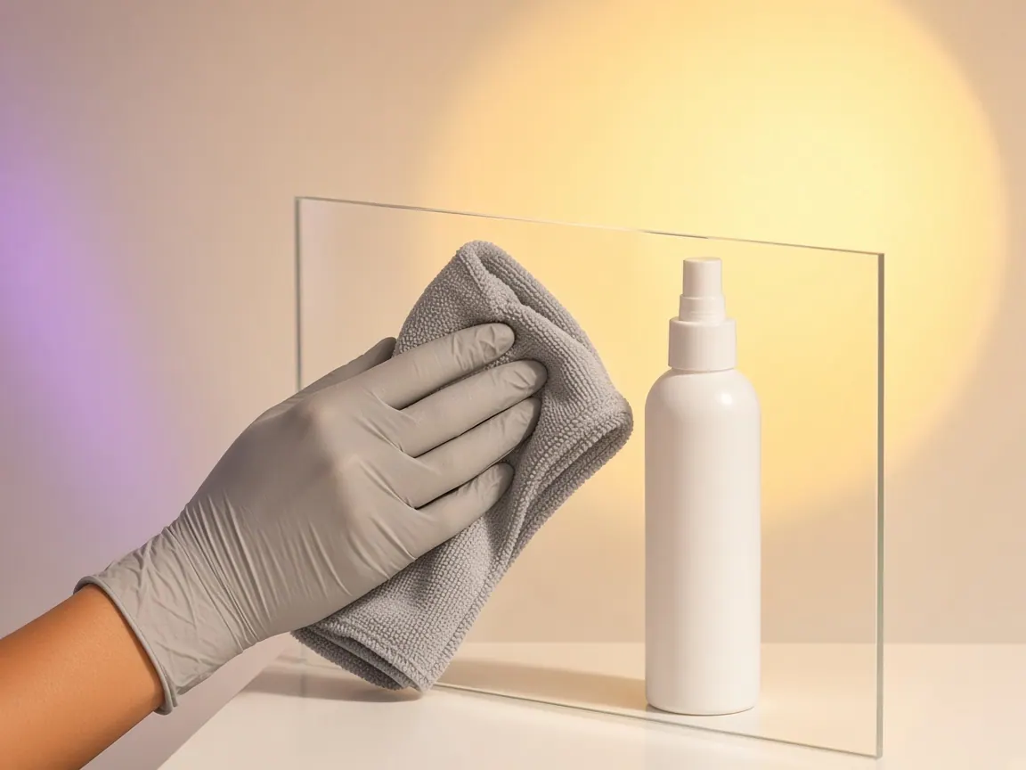 Reinigung einer Glasfläche mit Tuch und Desinfektionsspray (KI-generiert)